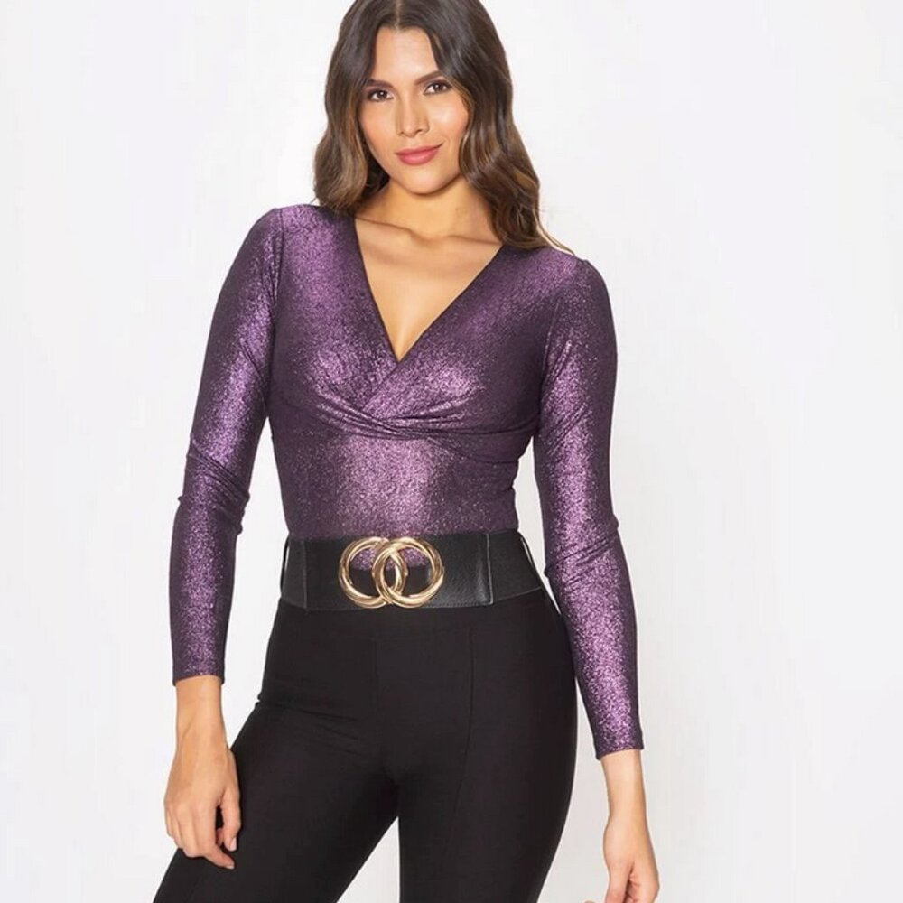 STUDIO F Long Sleeve Bodysuit with Crossover Neckline in Purple Size S NWT